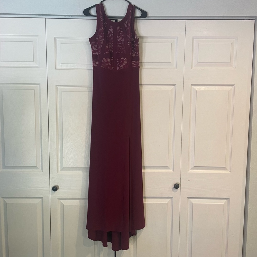 Burgundy long formal dress with glittery lace overlay